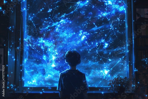 A digital painting of a person looking through a window at a night sky filled with crypto constellations