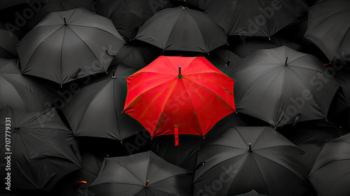 Crimson Oasis: Red Umbrella Amidst a Sea of Noir. Generative AI