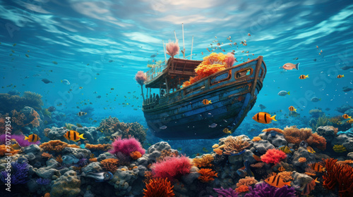 Sunken Boat Over a Vibrant Coral Reef Underwater © Polypicsell