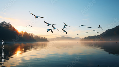 A flock of birds flying over a serene lake at dawn.
