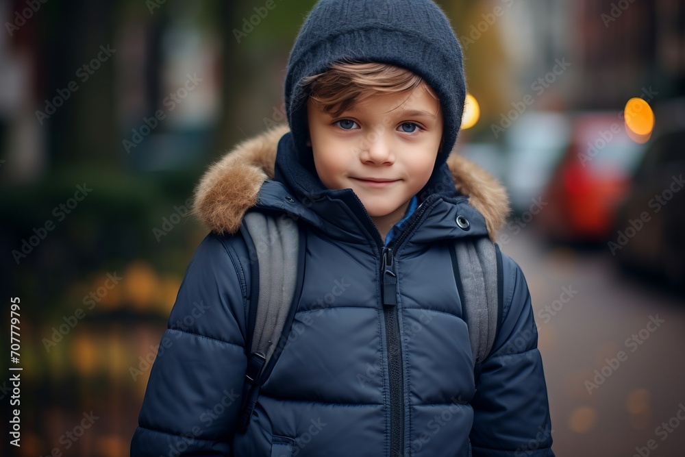 Portrait of a cute little boy in a warm jacket and hat on the street.
