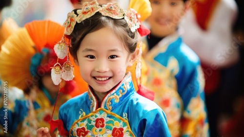 cultural of China as school kids participate in a festive celebration. Traditional attire, vibrant decorations.