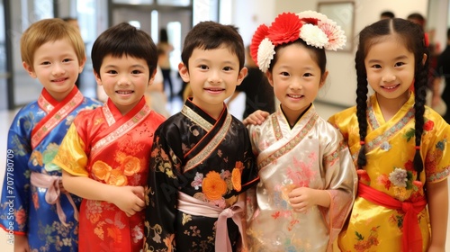 cultural of China as school kids participate in a festive celebration. Traditional attire, vibrant decorations.