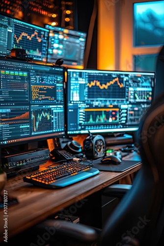 A photo of a crypto investor's home office, with multiple screens displaying live market data and trends © Nino Lavrenkova