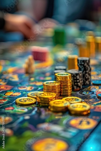 A photo of a crypto-themed board game, with players navigating the highs and lows of the digital currency market