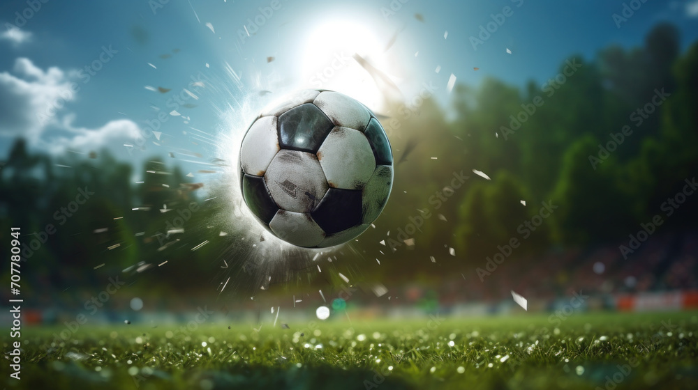 Soccer Ball in Mid-Air with Stadium Background