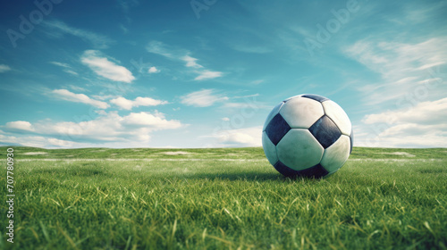 Soccer Ball on Lush Green Field Under Blue Sky © Polypicsell