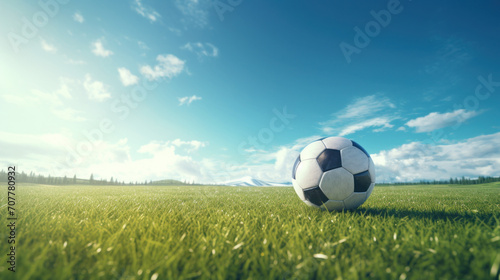 Soccer Ball on Lush Green Field Under Blue Sky