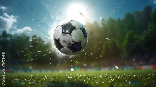 Soccer Ball in Mid-Air with Stadium Background