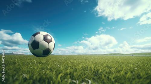 Soccer Ball on Lush Green Field Under Blue Sky © Polypicsell