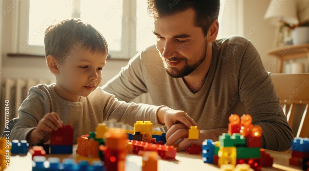 man and son play together with building blocks on the table c elta.