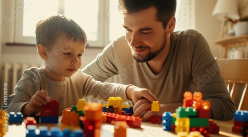 man and son play together with building blocks on the table c elta.