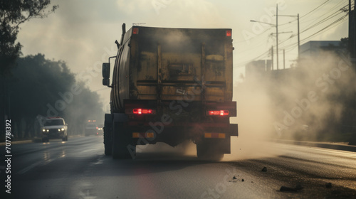 Semi-Truck on Rainy Street Emitting Exhaust © Polypicsell