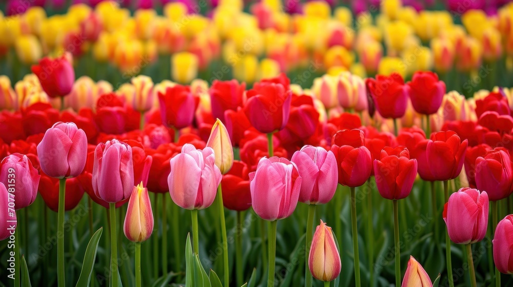 A vibrant display of tulip fields in red. A vibrant display of tulip fields in red.