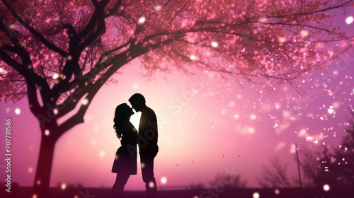 Romantic Couple Silhouette Under Cherry Blossom Tree