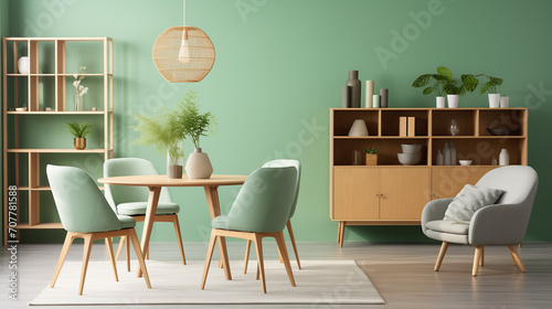 Living interior with furniture  Mint color chairs at round wooden dining table in room with sofa and cabinet near green wall  Ai generated image 