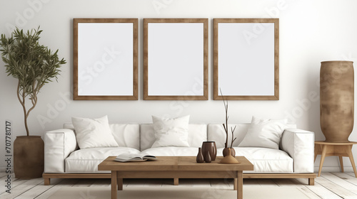 Set Against a Blank Wall Featuring Poster Frames for Personalized Decor, Square coffee table near white sofa and rustic cabinets against white wall with blank poster frames with copy space, Ai genera