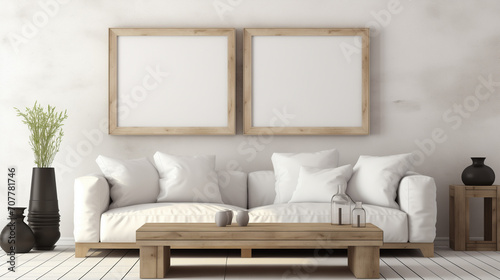 Modern living room with sofa   Square coffee table near white sofa and rustic cabinets against white wall with blank poster frames with copy space  Ai generated image