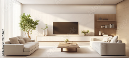 White sofa and tv unit in spacious room. Luxury home interior design of modern living room, panorama, Ai generated image