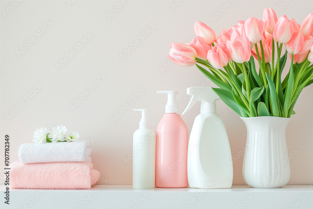 one white shelf with cleaning products, next to it there are tulips in a vase. The mood of freshness and purity, peach spring shades