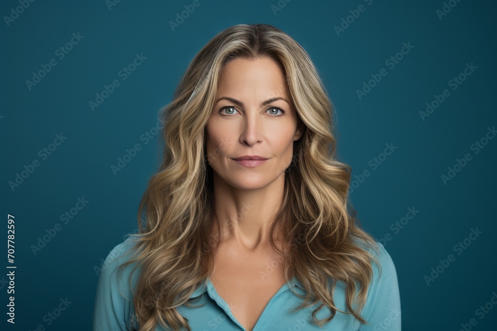 Portrait of a beautiful woman with long wavy blond hair on blue background Portrait of a beautiful woman with long wavy blond hair on blue background