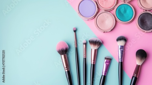 Make up background with decorative cosmetic products. Beauty industry banner with brushes and shadows
