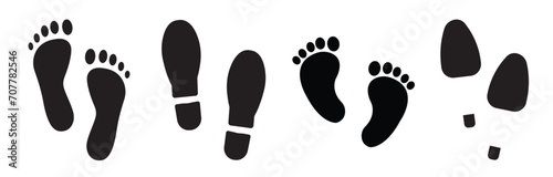 Human footprints. Shoe and bare foot print set. Flat linear design. Different human footprints. Black silhouettes on white background. Vector illustration.