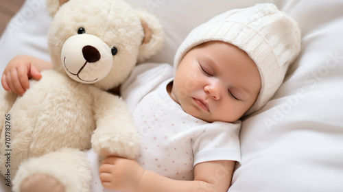 Newborn Caucasian baby girl sleeping with a teddy bear. Generative AI.