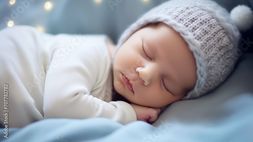 Newborn Caucasian baby boy sleeping. Generative AI.