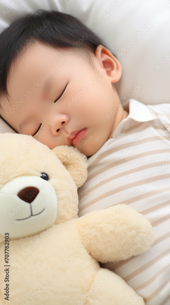 Newborn Asian baby boy sleeping with a teddy bear. Generative AI. Newborn Asian baby boy sleeping with a teddy bear. Generative AI.