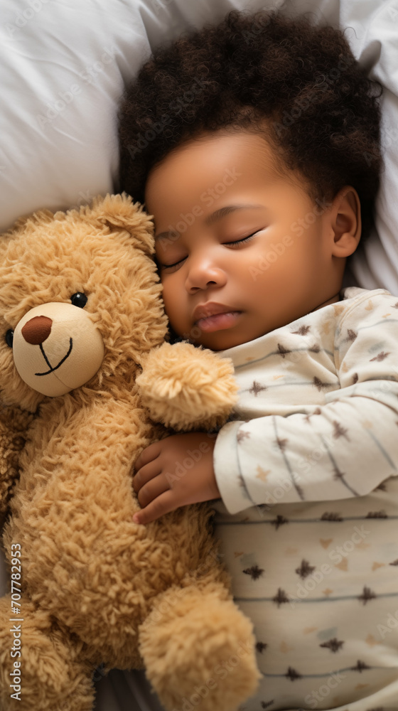 Newborn African baby boy sleeping with a teddy bear. Generative AI. Newborn African baby boy sleeping with a teddy bear. Generative AI.