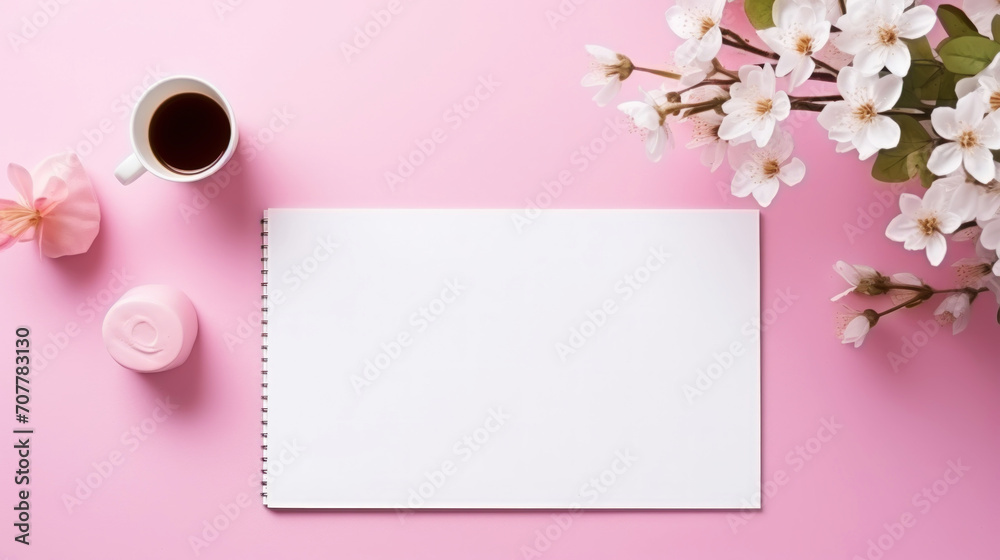 Top view of work desk with notepad, office supplies, flowers and creative clutter. Pink background. Generative AI Top view of work desk with notepad, office supplies, flowers and creative clutter. Pink background. Generative AI