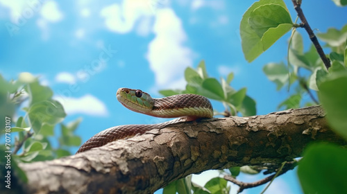 Python Resting on Tree Branch Against Sky