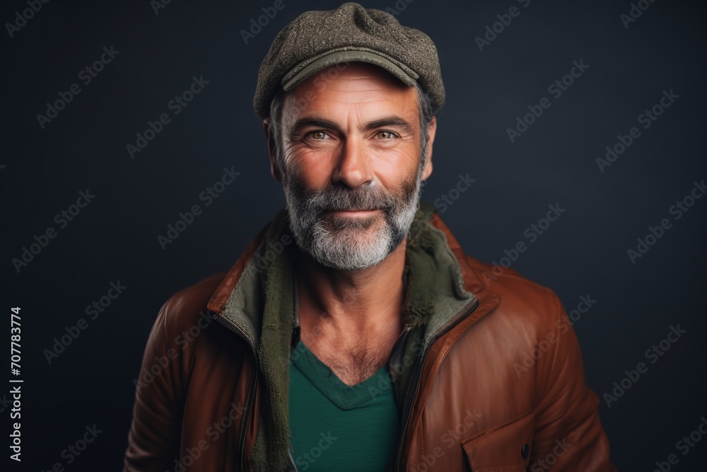 Portrait of a handsome mature man with a gray beard wearing a cap and a brown jacket. Portrait of a handsome mature man with a gray beard wearing a cap and a brown jacket.