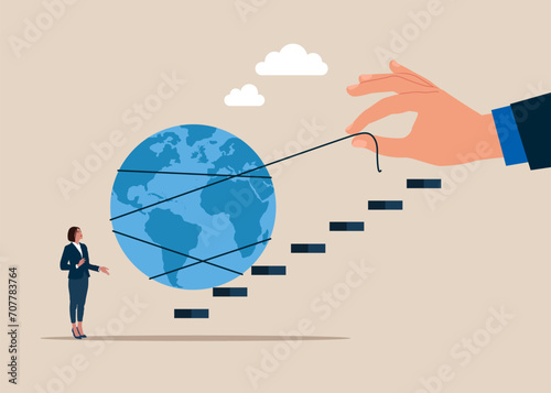 Open the world of business. Hand pulling heavy earth up stair case. Modern vector illustration in flat style photo