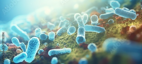Microscopic view of probiotics bacteria in a biology science setting, highlighting the microscopic world essential for digestion and overall health.