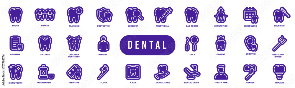 Dental icons editable stroke pictogram elements set. Tooth, dentist, implant etc