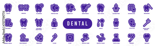 Dental icons editable stroke pictogram elements set. Tooth, dentist, implant etc