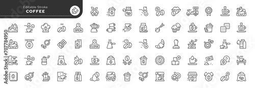 Set of line icons in linear style. Set - Coffee. Bean and instant coffee. Hot drink. Outline icon collection. Pictogram and infographic. Editable stroke.	