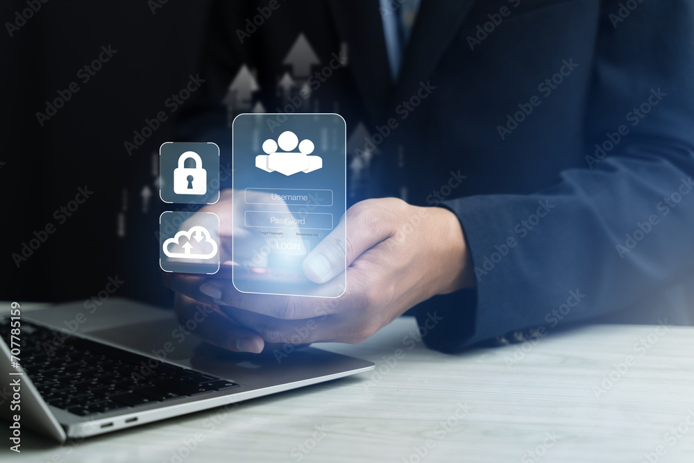 Fototapeta premium Cybersecurity concept, user privacy security and encryption, secure internet access Future technology and cybernetics, screen padlock.