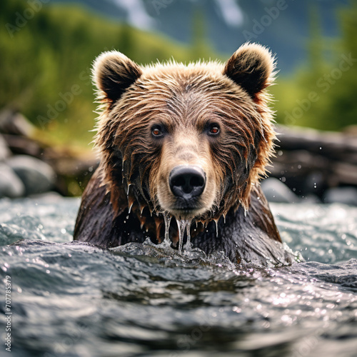 fotografia con detalle de oso pardo saliendo de agua de un rio de montaña photo