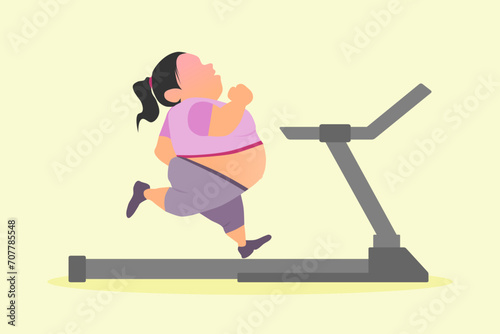 An overweight fat woman running on treadmill. Weight loss and anti-obesity. Vector illustration.