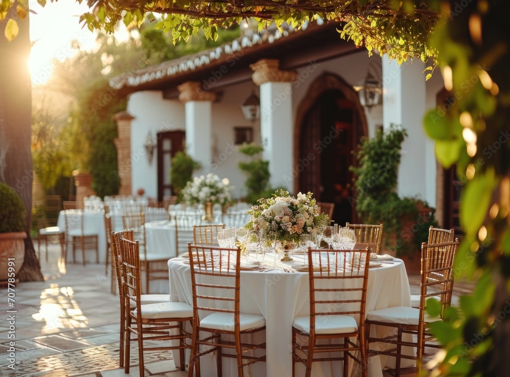 Outdoor wedding ceremony. Decorated tables and chairs for guests.