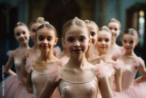 Group of cute girls ballerinas the stage school kindergarten Ballet Generative AI