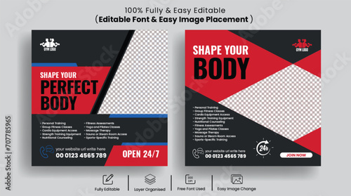 editable Fitness and gym social media post banner set with black and red color, training, Workout, fitness and Sports social media square flyer, fitness gym website banner design