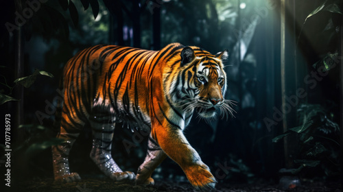 Majestic Tiger Stalking Through Jungle Underbrush