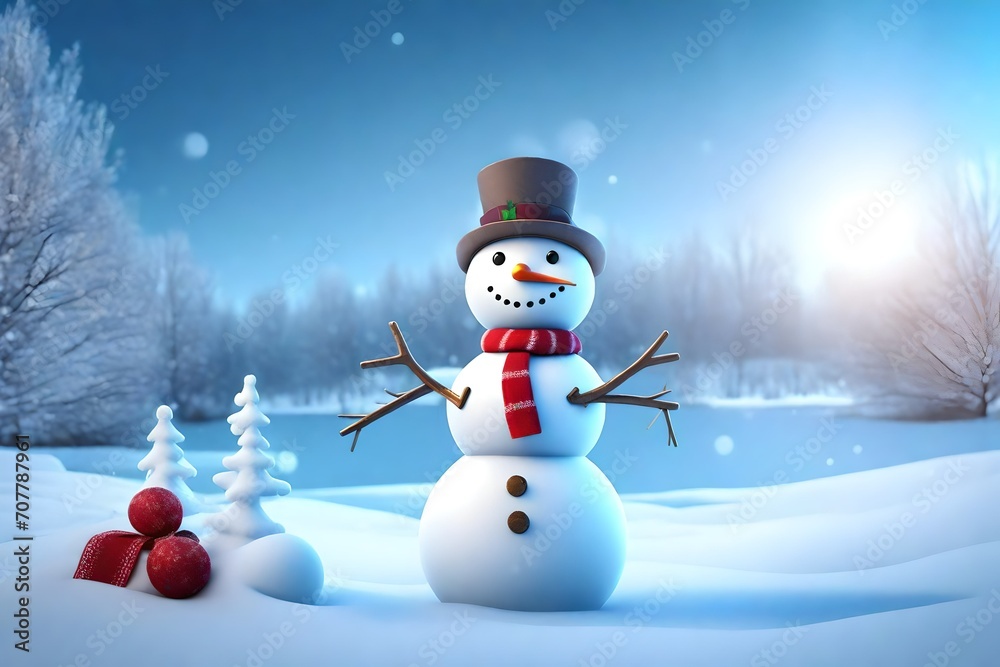 Panoramic view of happy snowman in winter secenery with copy space 3d render 