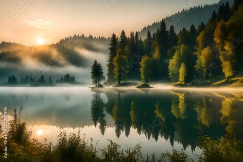 Misty morning scene of Lacu Rosu lake. Foggy summer sunrise in Harghita County, Romania, Europe. Beauty of nature concept background. 3d render - photo