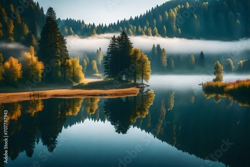 Misty morning scene of Lacu Rosu lake. Foggy summer sunrise in Harghita County, Romania, Europe. Beauty of nature concept background. 3d render -