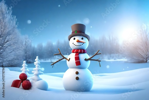 Panoramic view of happy snowman in winter secenery with copy space 3d render  © Beauty
